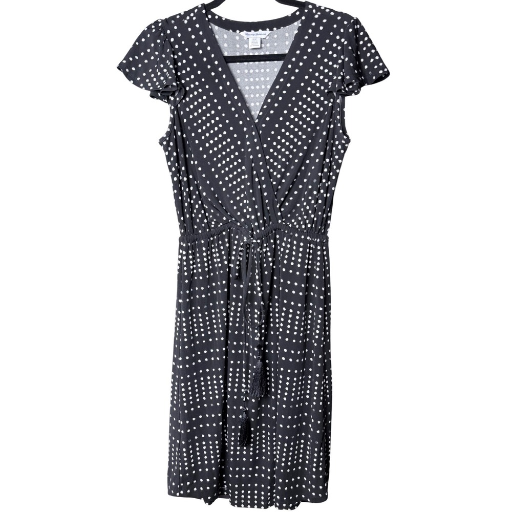Tommy Bahama Black White Polka Dot Flutter Sleeve Wrap Dress Small Tassel‎ Tie